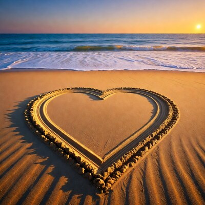 Heart drawn in sand at sunset beach