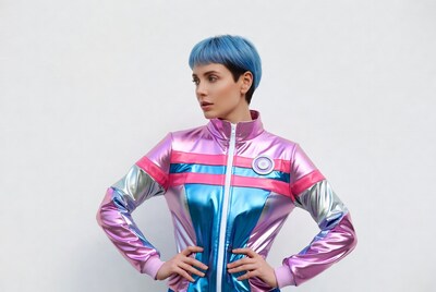 Woman with blue hair in shiny tracksuit