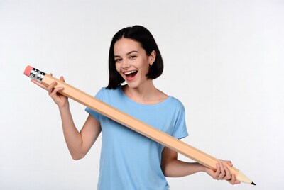 Girl holding giant pencil