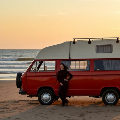 Woman leaning on red VW camper van beach sunset