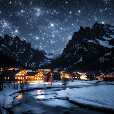Snowy Swiss Village Under Starry Sky