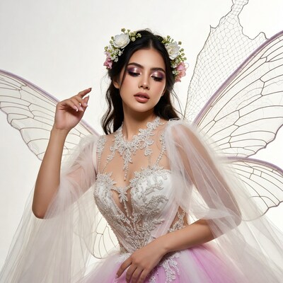 Asian woman in fairy costume with wings