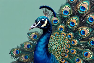 Peacock with vibrant tail feathers
