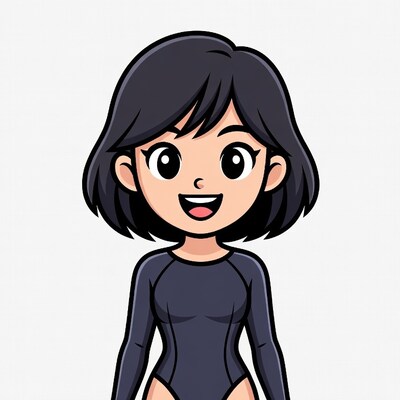 Smiling cartoon woman in black swimsuit