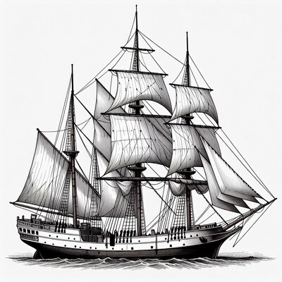 Sailing Ship with Crew Illustration