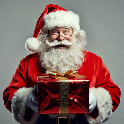 Smiling Santa holding red gift box