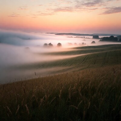 Foggy fields at sunrise