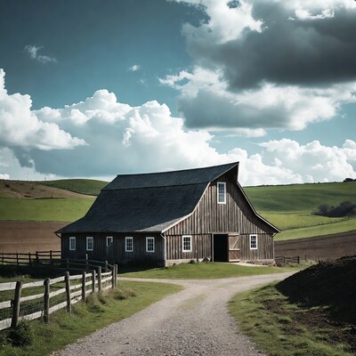Wooden barn in green hills