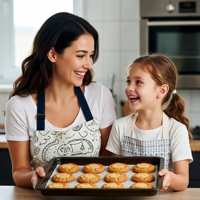 Mother and daughter holding fresh cookies