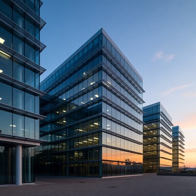 Glass Office Buildings at Sunset