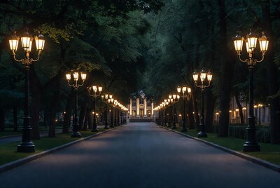 Tree-Lined Path with Lanterns to Building