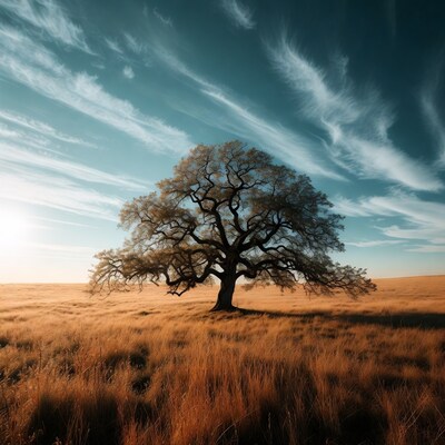Lone Oak Tree in Golden Grassland