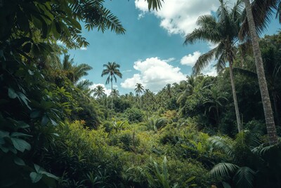 Tropical Palm Jungle Under Blue Sky