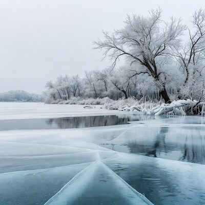 Frozen lake with frosted trees