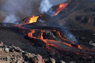 Lava Flowing from Volcano Crater
