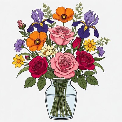 Colorful Flower Bouquet in Glass Vase