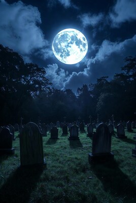 Full moon over foggy graveyard