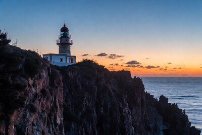 Lighthouse on cliff at sunset