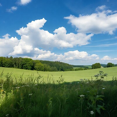Green field with wildflowers under blue sky