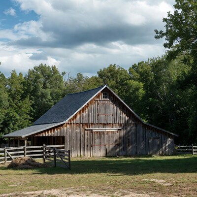 Rustic wooden barn in green field