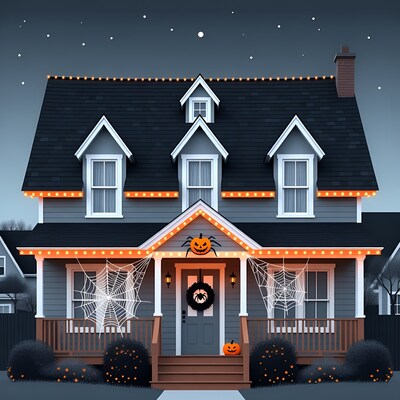 Halloween Decorated House at Night