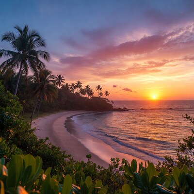 Tropical Beach Sunset with Palms