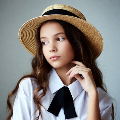 Girl in straw hat with black ribbon