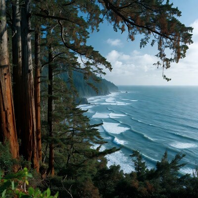 Redwood trees overlooking ocean waves
