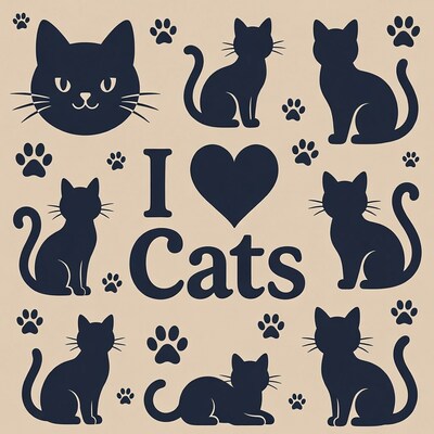 I Love Cats Black Silhouette Clipart
