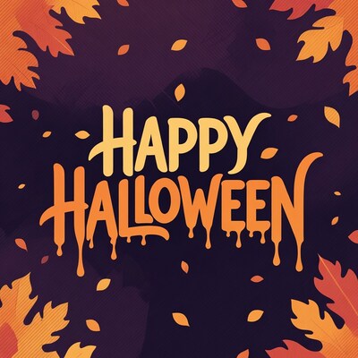 Happy Halloween Dripping Text with Autumn Leaves