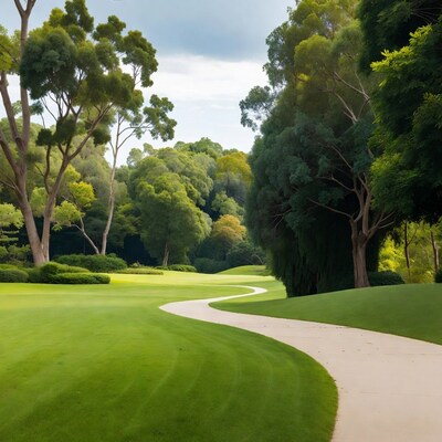 Curving path through lush green golf course
