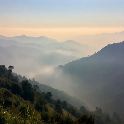 Misty Layered Mountains at Dawn