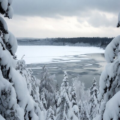 Snowy Trees Framing Frozen Lake