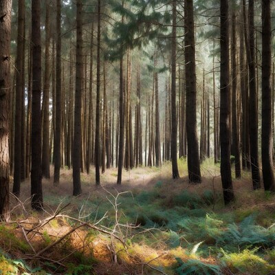 Sunlit Pine Forest with Ferns