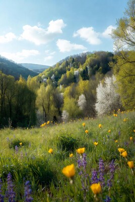 Wildflower meadow with valley hills