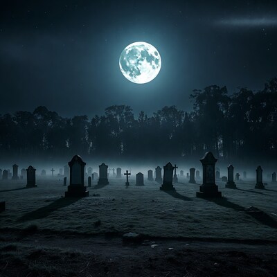 Moonlit Cemetery at Night