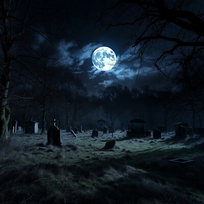 Full Moon Over Cemetery at Night