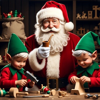 Santa Claus with Elves Making Toys