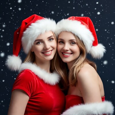 Two blonde women in Santa dresses