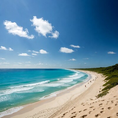 Turquoise beach with distant walkers