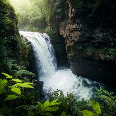 Majestic Waterfall in Lush Green Canyon