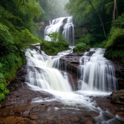Majestic waterfall cascading in lush green forest