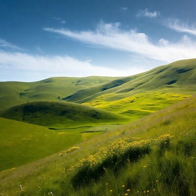 Rolling Green Hills with Yellow Flowers