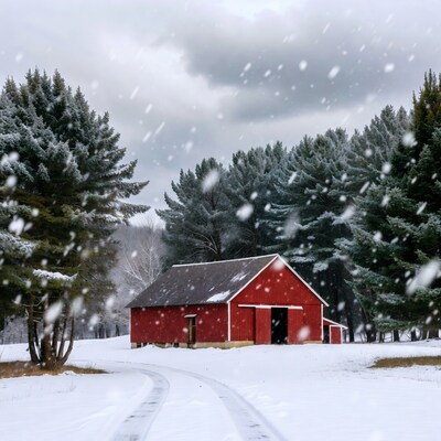 Red Barn in Snowy Forest