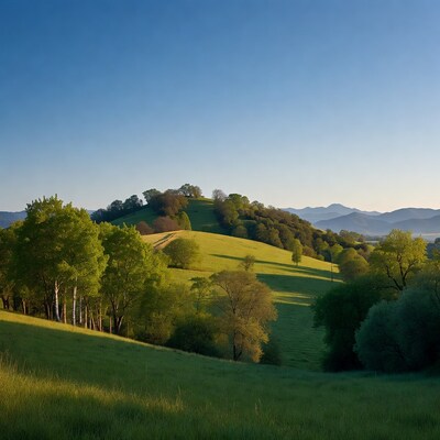 Green hills with trees and mountains