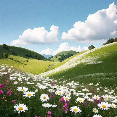 Daisy Flower Field in Green Hills