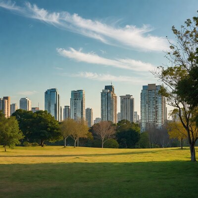Skyscrapers over green park