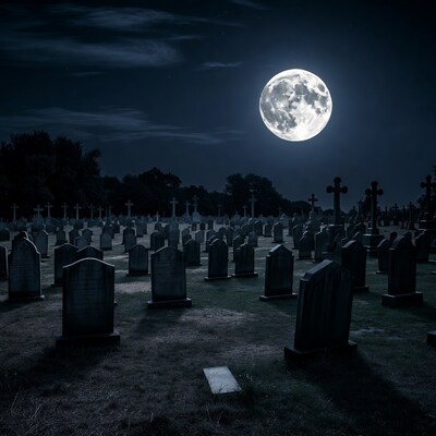 Moonlit Cemetery with Gravestones
