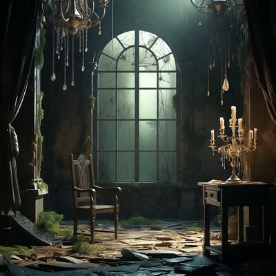 Abandoned Gothic Room with Chandelier