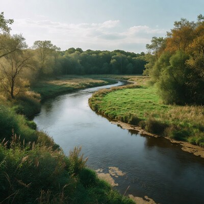 Serene river winding through autumn forest
